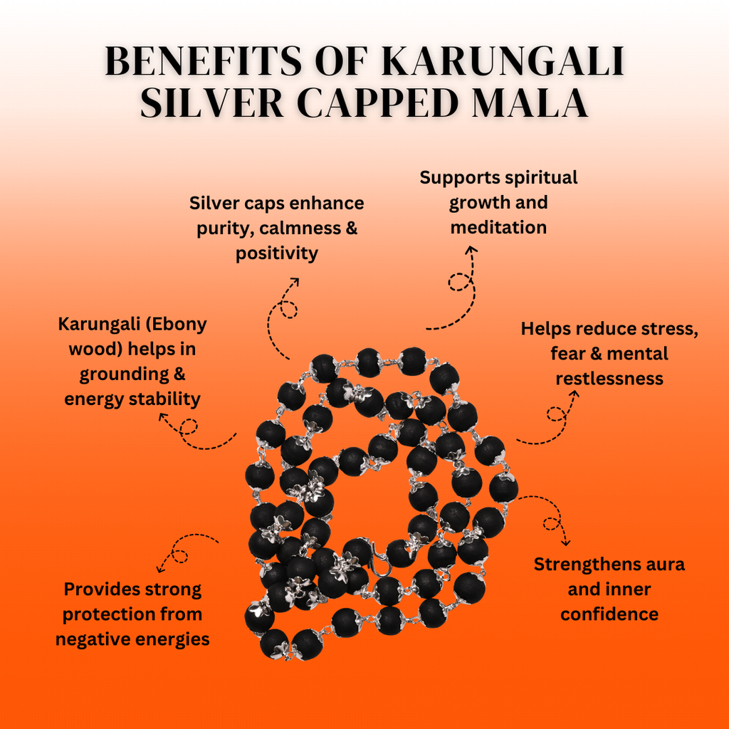 Silver Plated Divine Karungali Mala 108+1 Beads - Natural Ebony Wood Govt. Certified