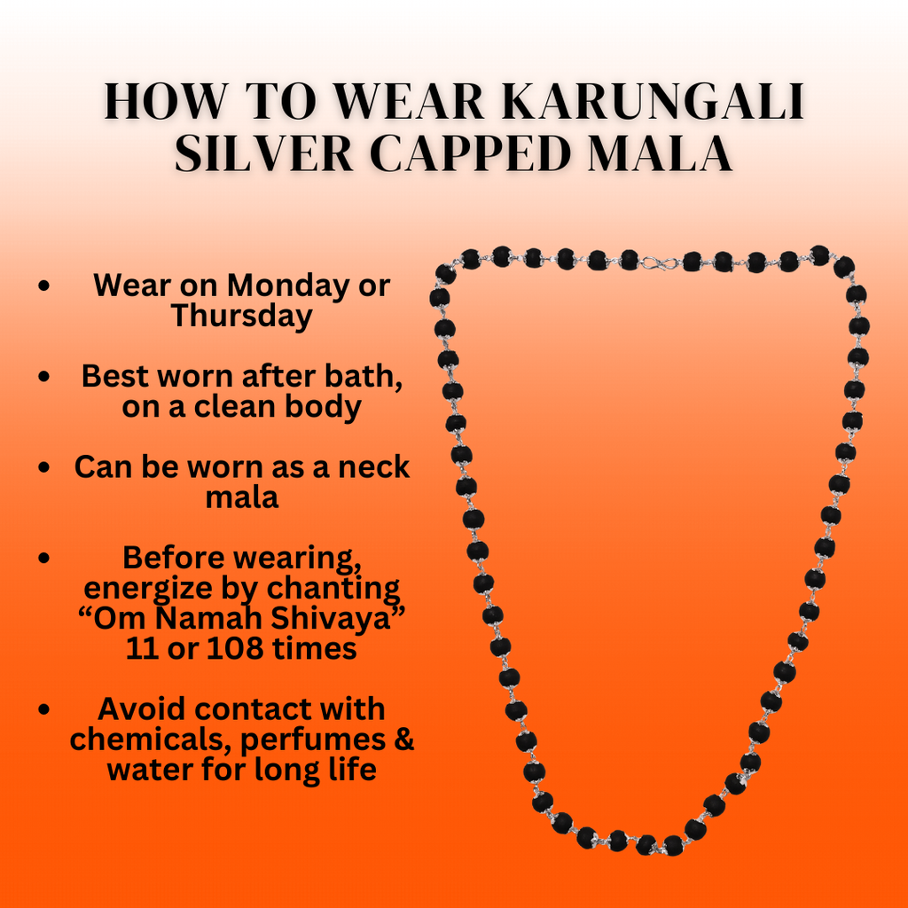 Silver Plated Divine Karungali Mala 108+1 Beads - Natural Ebony Wood Govt. Certified