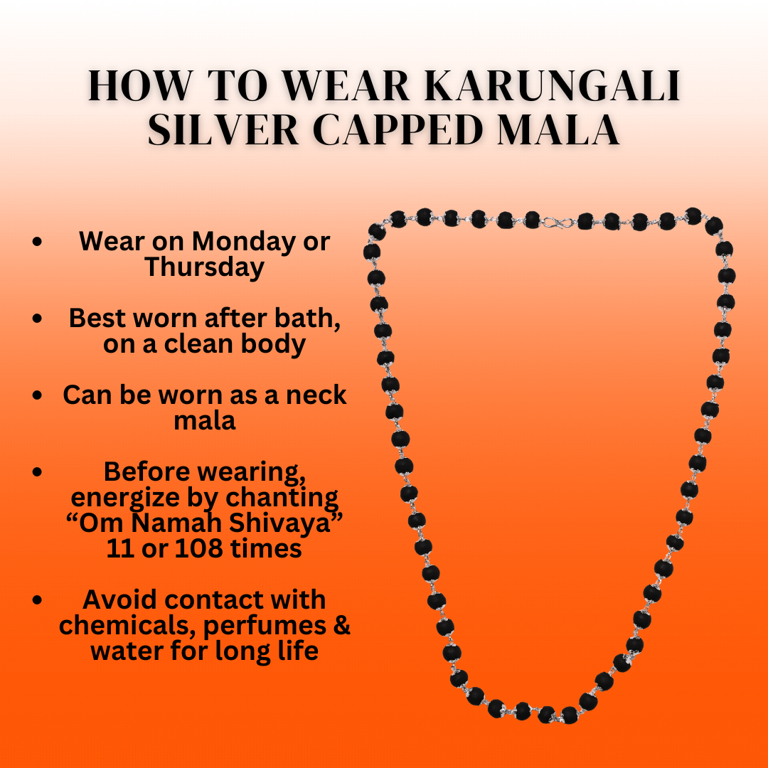 Silver Plated Divine Karungali Mala 108+1 Beads - Natural Ebony Wood Govt. Certified