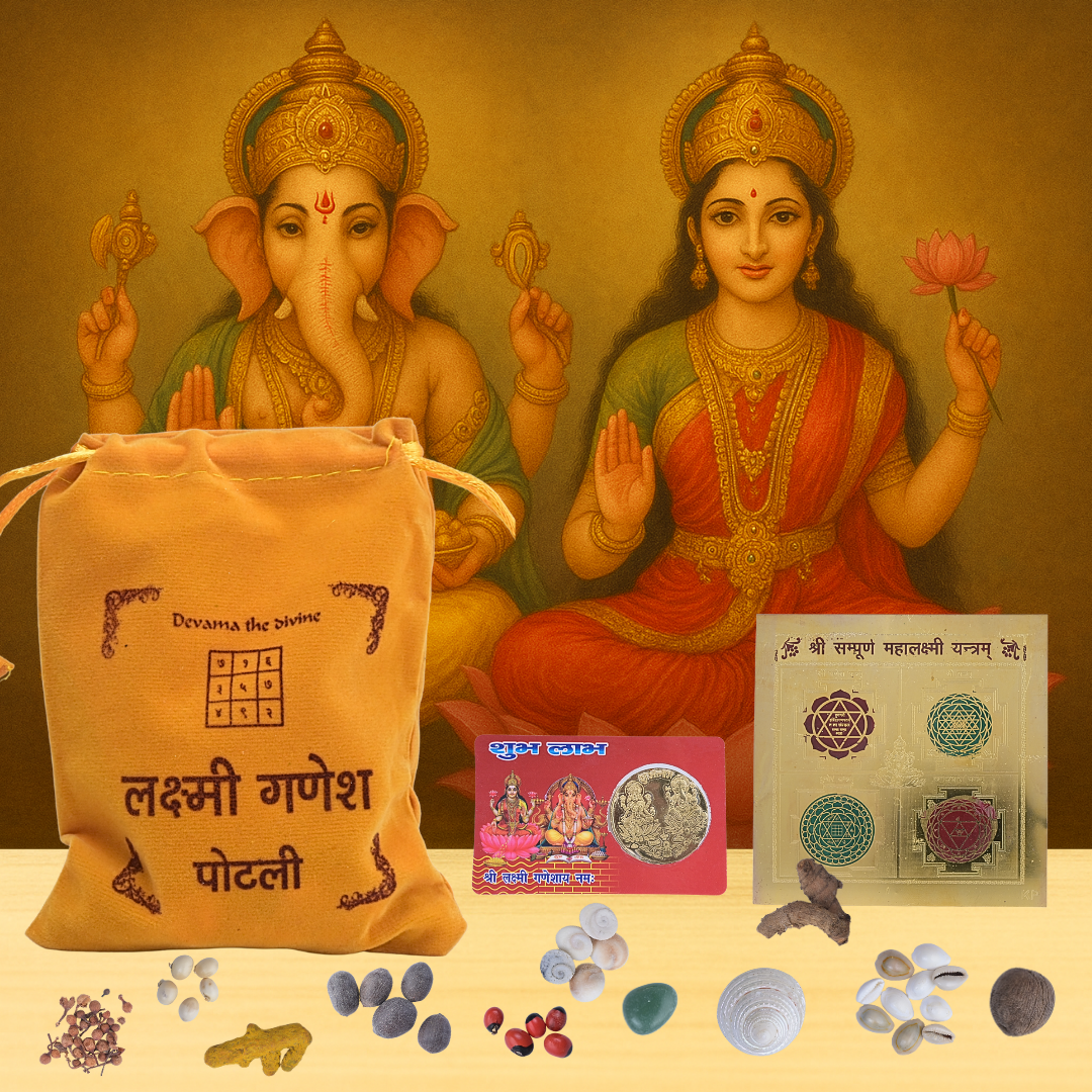 Sacred Lakshmi Ganesh Potli Bag for Business Growth & Household Harmony | Auspicious Yantra Kit to Bring Positive Energy & Household Harmony