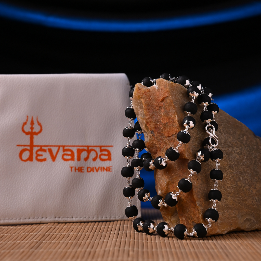 Silver Plated Divine Karungali Mala 108+1 Beads - Natural Ebony Wood Govt. Certified