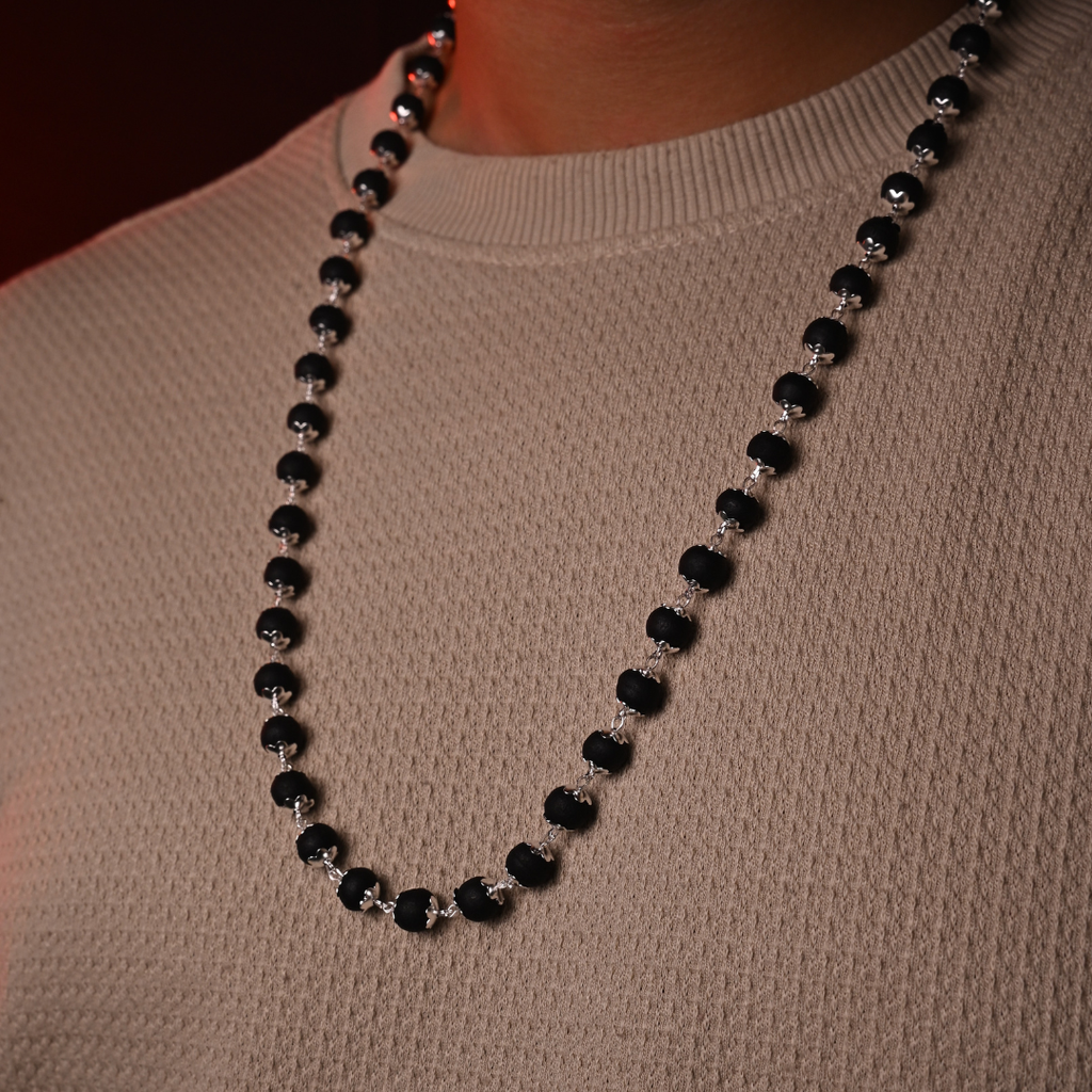 Silver Plated Divine Karungali Mala 108+1 Beads - Natural Ebony Wood Govt. Certified