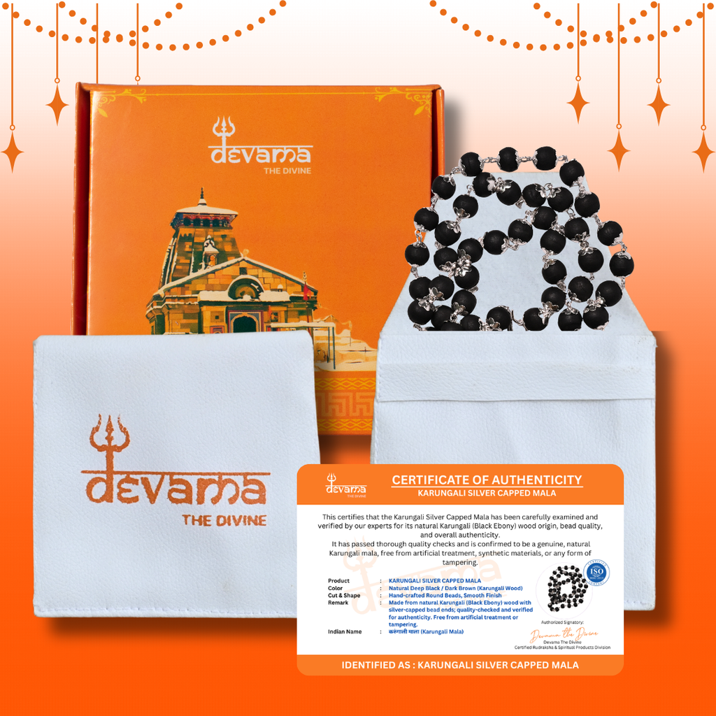 Silver Plated Divine Karungali Mala 108+1 Beads - Natural Ebony Wood Govt. Certified